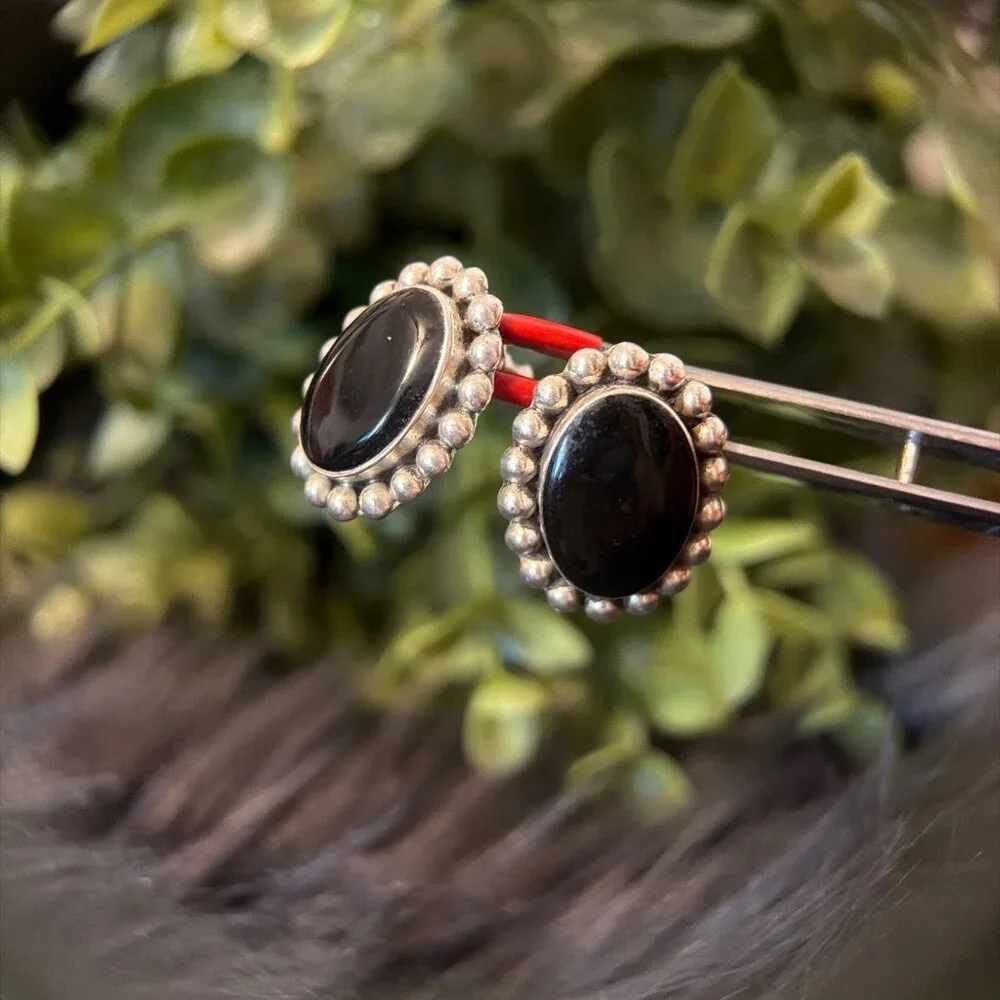 925 Mexico Black Onyx Dotted Stud Earrings‎